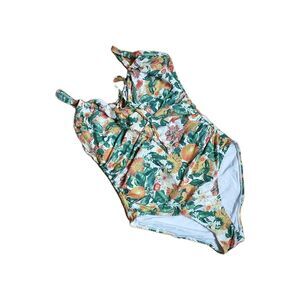 NipTuck One Piece Swimsuit 8 Yellow Floral Fruit Multifit Cup Ruched Strap